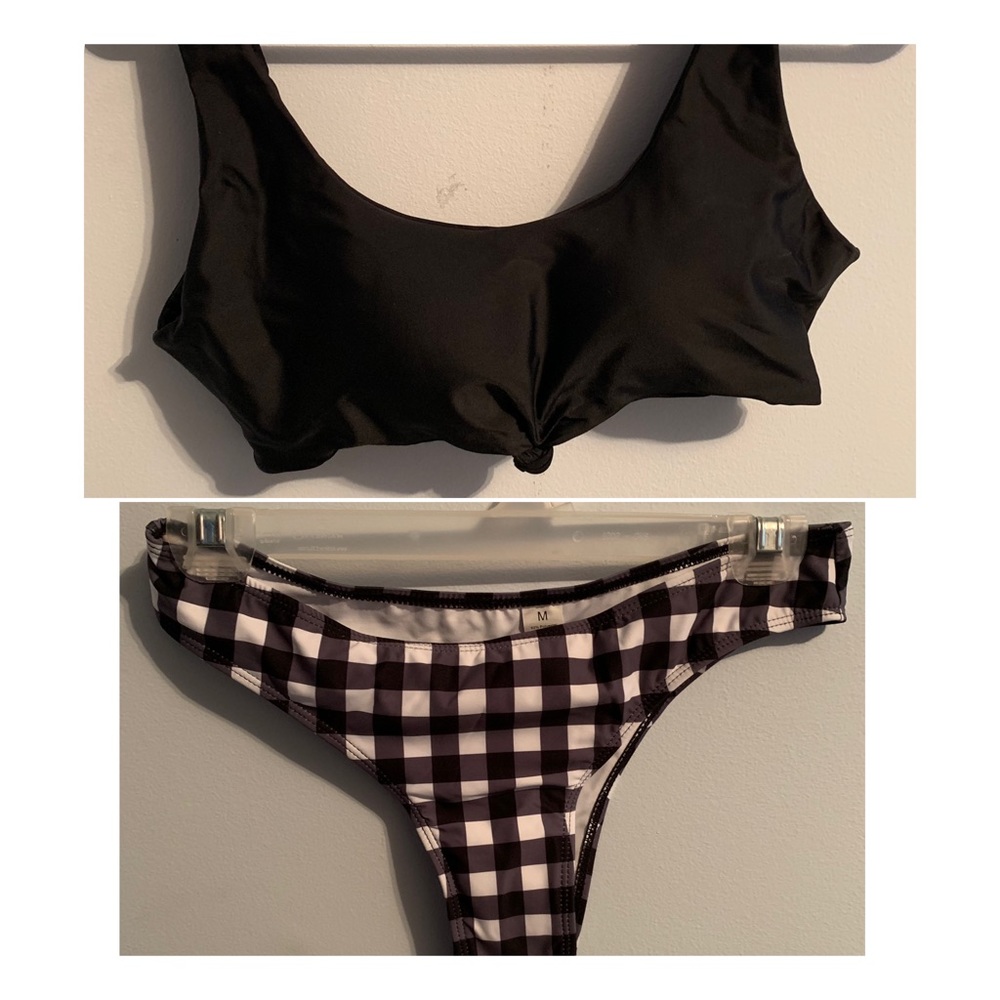 Gingham bikini bottoms with black tie front top